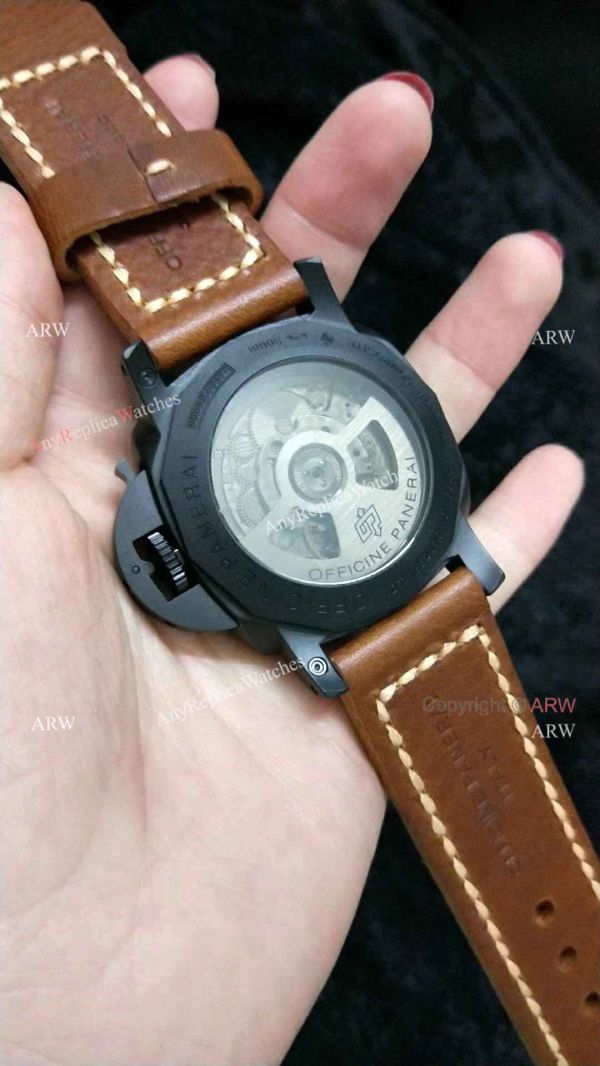 Clone Panerai Luminor GMT PAM 320 Black Steel Watch with Brown Leather Strap Clone Panerai Luminor GMT PAM 320 Black Steel Watch with Brown Leather Strap