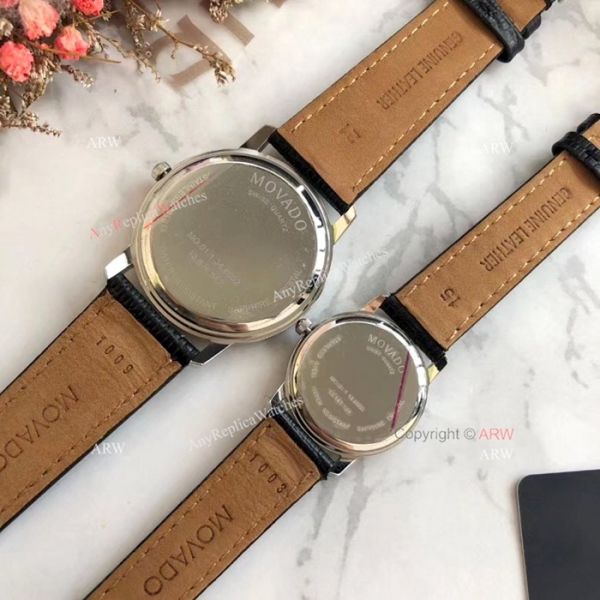 New Replica MOVADO Quartz Lovers Watch SS Black Leather Strap New Replica MOVADO Quartz Lovers Watch SS Black Leather Strap