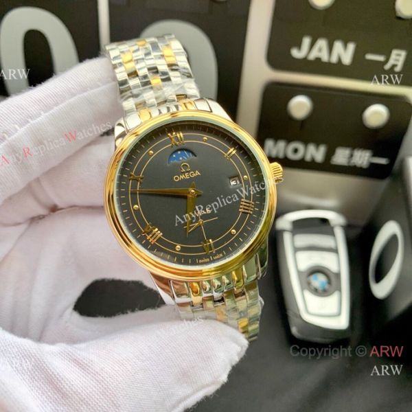New Copy Omega De Ville Moon Phase 40mm Watches Stainless Steel Black Face New Copy Omega De Ville Moon Phase 40mm Watches Stainless Steel Black Face