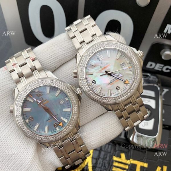 Swiss 8500 Omega Seamaster Copy Watch SS Diamond bezel White MOP Dial Swiss 8500 Omega Seamaster Copy Watch SS Diamond bezel White MOP Dial