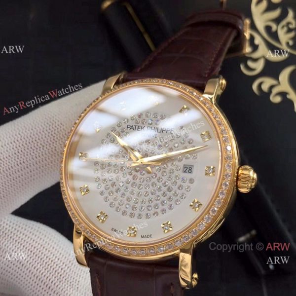 Patek Philippe Calatrava Diamond Watch SS Black Leather Band Patek Philippe Calatrava Diamond Watch SS Black Leather Band