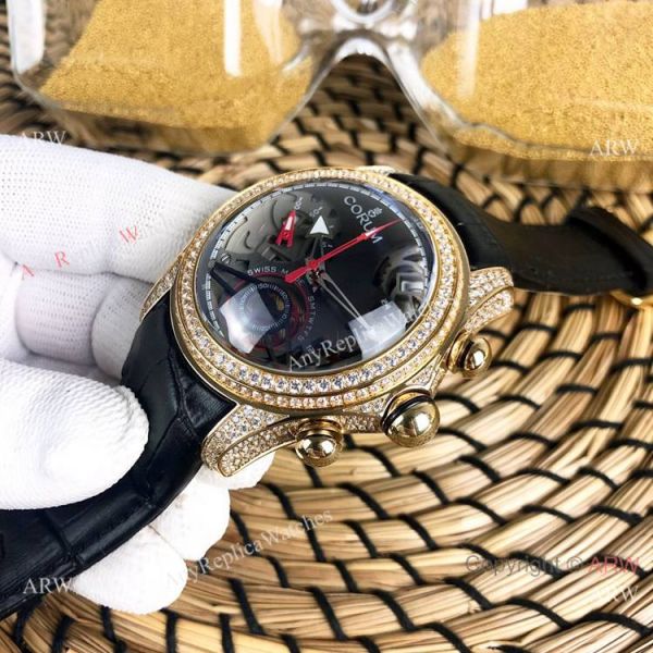 Replica Bubble Corum Watch Diamond Bezel Gold Case Silver Chronograph Dial Replica Bubble Corum Watch Diamond Bezel Gold Case Silver Chronograph Dial
