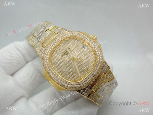 Swiss Replica Patek Philippe Nautilus Jumbo Gold Iced Out Watch 39.5mm Swiss Replica Patek Philippe Nautilus Jumbo Gold Iced Out Watch 39.5mm
