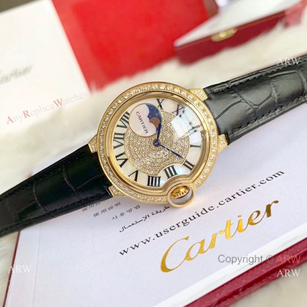 Ballon Bleu de Cartier 36mm Replica Watches Gold Diamond Green Leather Band Ballon Bleu de Cartier 36mm Replica Watches Gold Diamond Green Leather Band