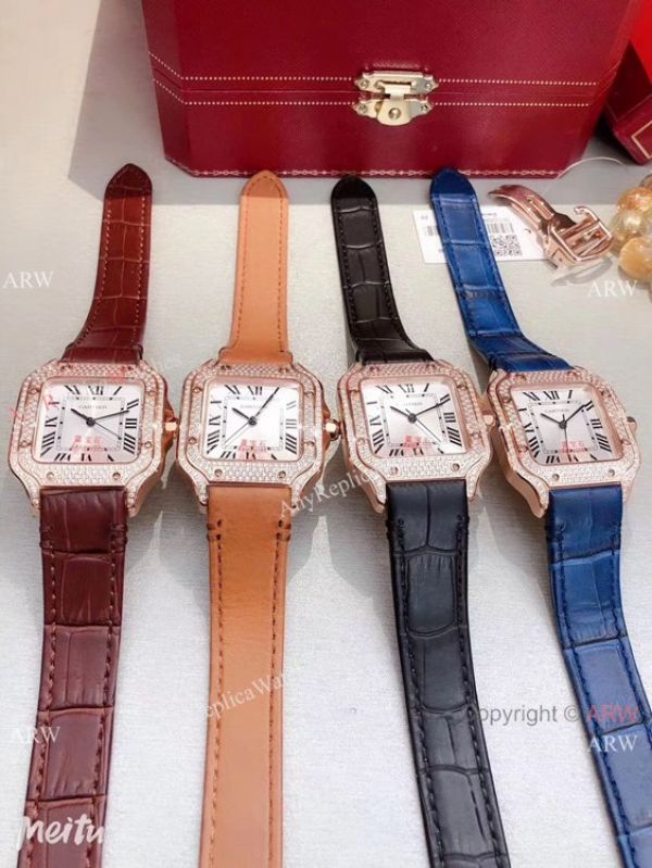 New Cartier Santos 100 Diamond Replica Watch Rose Gold Brown Leather Strap New Cartier Santos 100 Diamond Replica Watch Rose Gold Brown Leather Strap