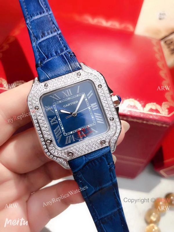 Cartier Santos 100 Diamond Replica Watch SS Diamond Case Blue Leather Strap Cartier Santos 100 Diamond Replica Watch SS Diamond Case Blue Leather Strap
