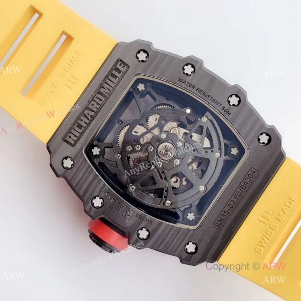 KV Factory New Replica Richard Mille RM035-02 Carbon Watch With Yellow Rubber Strap KV Factory New Replica Richard Mille RM035-02 Carbon Watch With Yellow Rubber Strap