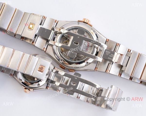 Swiss Quality Clone Omega Double Eagle Couple Watches Silver Dial Diamond Bezel 38mm and 27mm Swiss Quality Clone Omega Double Eagle Couple Watches Silver Dial Diamond Bezel 38mm and 27mm