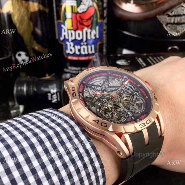 Replica Roger Dubuis Excalibur Double Flying Tourbillon Watches Black Skeleton Dial Rose Gold Replica Roger Dubuis Excalibur Double Flying Tourbillon Watches Black Skeleton Dial Rose Gold