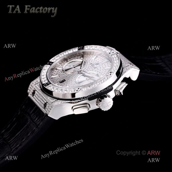 Swiss Replica Mens Hublot Big Bang Diamond Watches 45mm With Hublot Black Leather Strap Swiss Replica Mens Hublot Big Bang Diamond Watches 45mm With Hublot Black Leather Strap