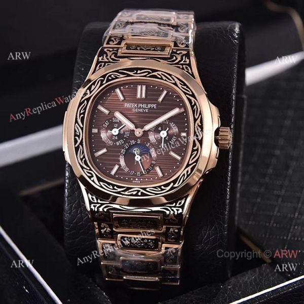 Knockoff Patek Philippe 5740 Nautilus Rose Gold Engraving Gray Gradient Face Knockoff Patek Philippe 5740 Nautilus Rose Gold Engraving Gray Gradient Face