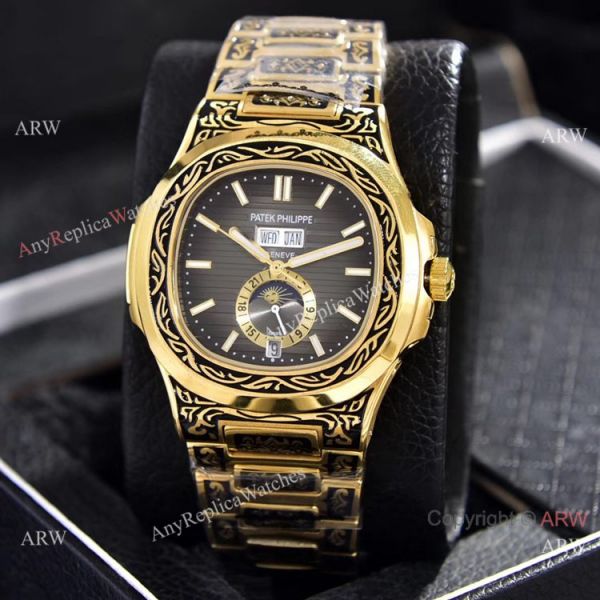Clone Patek Philippe Annual Calendar Watches Yellow Gold Engraving Blue Dial Clone Patek Philippe Annual Calendar Watches Yellow Gold Engraving Blue Dial