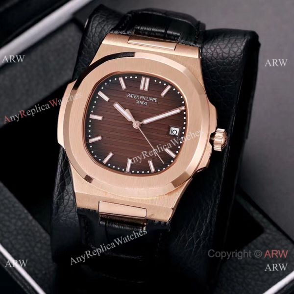 Best Copy Patek Philippe Nautilus 40mm Watches Rose Gold Brown Leather Band Best Copy Patek Philippe Nautilus 40mm Watches Rose Gold Brown Leather Band