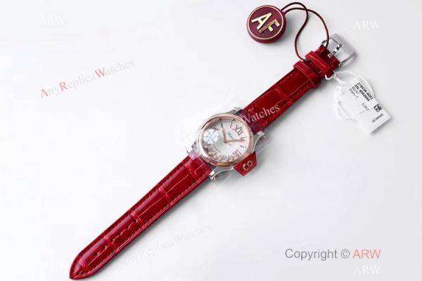 AF Factory 1:1 Replica Chopard Happy Sport 36mm Watch Rose Gold Bezel Red Leather Strap AF Factory 1:1 Replica Chopard Happy Sport 36mm Watch Rose Gold Bezel Red Leather Strap