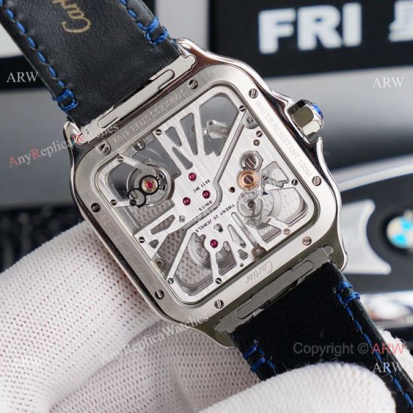 (TW ) Best Skeleton Santos De Cartier Stainless Steel Copy Watch With Blue Leather Band (TW ) Best Skeleton Santos De Cartier Stainless Steel Copy Watch With Blue Leather Band