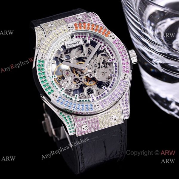 Replica Skeleton Hublot Rainbow Watch Rose Gold 45mm With Brown Leather Strap Replica Skeleton Hublot Rainbow Watch Rose Gold 45mm With Brown Leather Strap