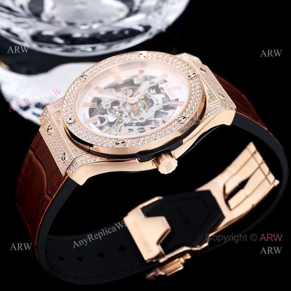 45mm Hublot Big Bang Rose Gold Skeleton Watch With Diamonds For Mens Replica 45mm Hublot Big Bang Rose Gold Skeleton Watch With Diamonds For Mens Replica