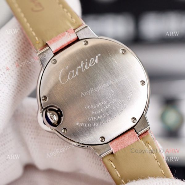 New Cartier Ballon Bleu 33mm With Diamonds Bezel Pink MOP Dial Pink Leather Strap Copy Watch New Cartier Ballon Bleu 33mm With Diamonds Bezel Pink MOP Dial Pink Leather Strap Copy Watch