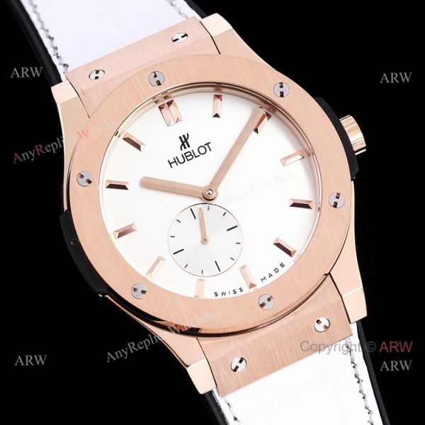 Stainless Steel Hublot Classic Fusion 42mm White Dial White Leather Strap Watch Replica Stainless Steel Hublot Classic Fusion 42mm White Dial White Leather Strap Watch Replica