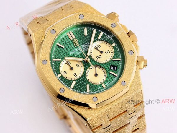 New Audemars Piguet Royal Oak Frosted Gold 41mm Green Dial Chronograph Watch Replica New Audemars Piguet Royal Oak Frosted Gold 41mm Green Dial Chronograph Watch Replica