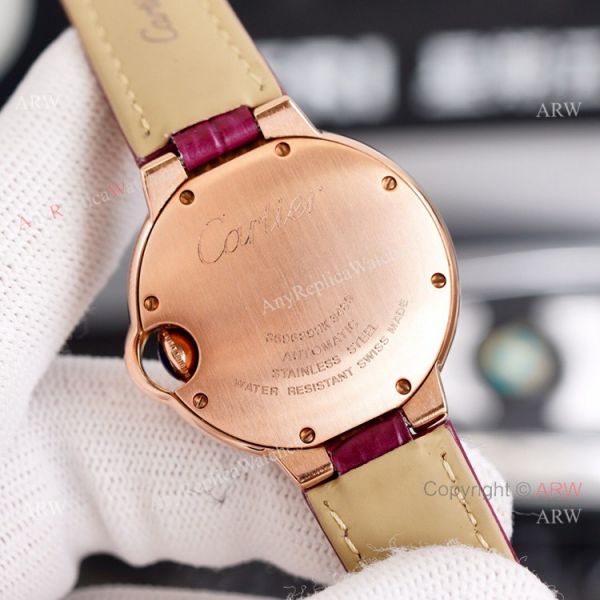 New Ladies Cartier Ballon Bleu 33mm Rose Gold diamond Purple Dial Purple Leather Strap Replica Watches New Ladies Cartier Ballon Bleu 33mm Rose Gold diamond Purple Dial Purple Leather Strap Replica Watches