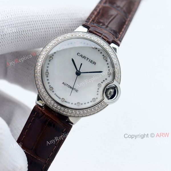 Swiss Quality Knockoff Cartier Ballon Bleu 36mm Automatic Watch With Diamond Bezel Black Leather Strap Swiss Quality Knockoff Cartier Ballon Bleu 36mm Automatic Watch With Diamond Bezel Black Leather Strap