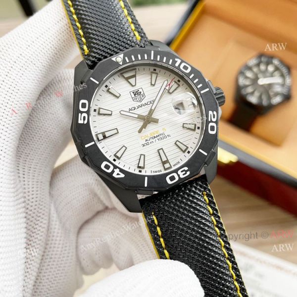 Tag Heuer Aquaracer Calibre 5 White Face 44 Replica Watch Black Steel Black Leather Strap Tag Heuer Aquaracer Calibre 5 White Face 44 Replica Watch Black Steel Black Leather Strap