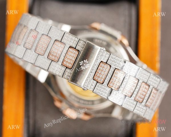 Swiss Grade Patek Philippe Nautilus 40mm Watch 9015 Ultra-thin Full Diamond Dial 2-Tone Rose Gold Swiss Grade Patek Philippe Nautilus 40mm Watch 9015 Ultra-thin Full Diamond Dial 2-Tone Rose Gold