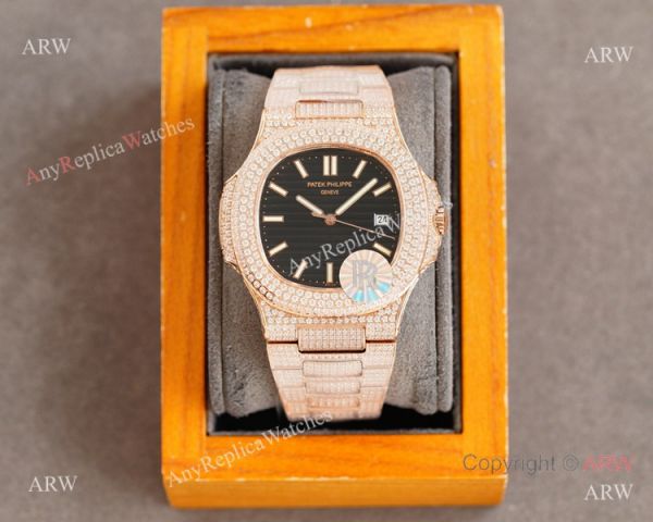 Swiss AAA Replica Patek Philippe Nautilus 9015 Ultra-thin Watch Rose Gold Iced Out Black Dial 40mm Swiss AAA Replica Patek Philippe Nautilus 9015 Ultra-thin Watch Rose Gold Iced Out Black Dial 40mm