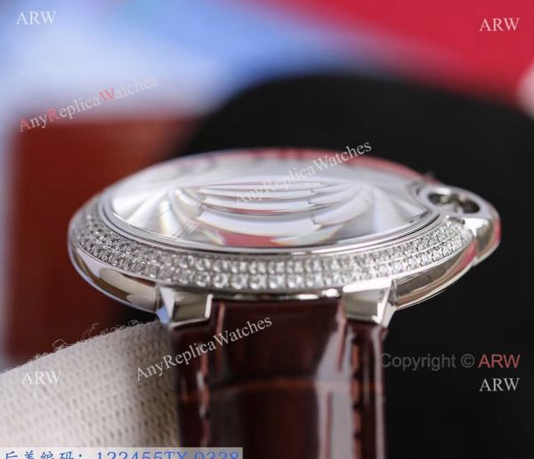 Replica V6 Cartier Balloon Blue Diamond Bezel White Face Watch Brown Leather Strap Replica V6 Cartier Balloon Blue Diamond Bezel White Face Watch Brown Leather Strap