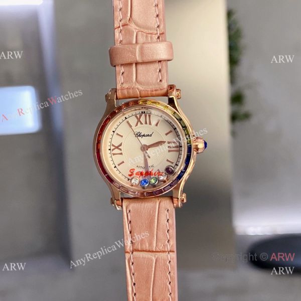 Replica Chopard Happy Sport Quartz 30mm Watch Rainbow bezel Rose Gold Replica Chopard Happy Sport Quartz 30mm Watch Rainbow bezel Rose Gold