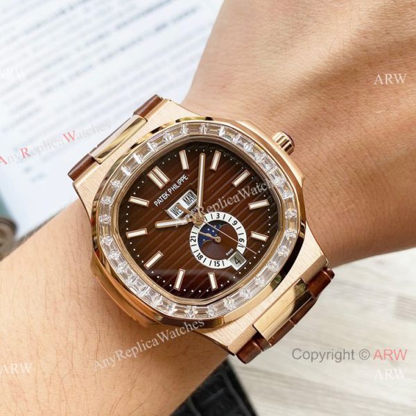 Clone Patek Philippe Annual Calendar Nautilus Watch Brown Leather Strap Diamond Bezel Clone Patek Philippe Annual Calendar Nautilus Watch Brown Leather Strap Diamond Bezel