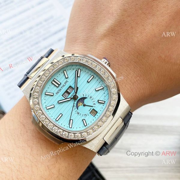 New Clone Patek Philippe Nautilus Annual Calendar Watch Baby Blue Face with Diamonds New Clone Patek Philippe Nautilus Annual Calendar Watch Baby Blue Face with Diamonds