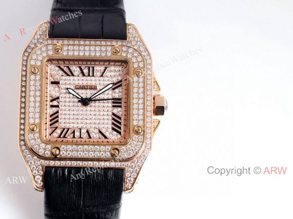 Iced Out Cartier Santos Diamond Watch Automatic Brown Leather Strap Iced Out Cartier Santos Diamond Watch Automatic Brown Leather Strap