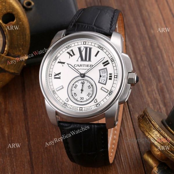 Replica Cartier Calibre de Cartier Men Watches SS Black Leather Strap Replica Cartier Calibre de Cartier Men Watches SS Black Leather Strap