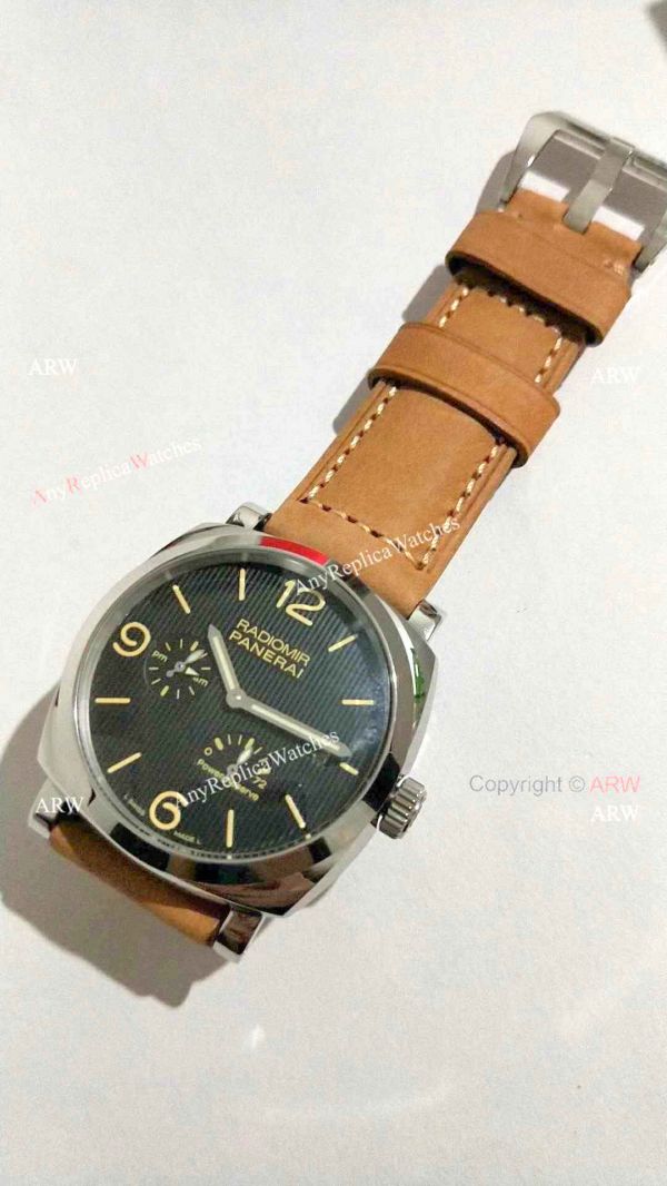 Copy Panerai Radiomir Power Reserve Watch SS Black Stripe Dial with Brown Leather Band Copy Panerai Radiomir Power Reserve Watch SS Black Stripe Dial with Brown Leather Band