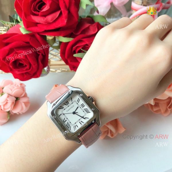 New Style Santos Cartier Watch Lady Pink Leather Strap New Style Santos Cartier Watch Lady Pink Leather Strap