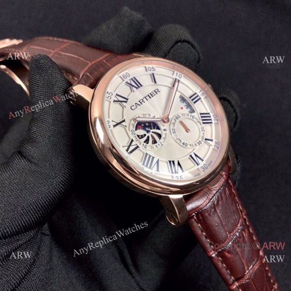 Copy Rotonde de Cartier Moonphase Watches Rose Gold Leather Strap Copy Rotonde de Cartier Moonphase Watches Rose Gold Leather Strap