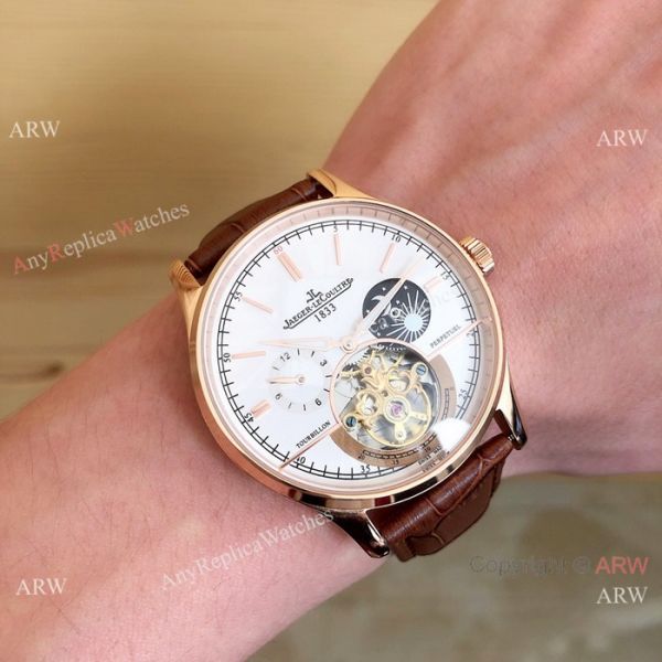 Fake Jaeger LeCoultre Master Tourbillon Moonphase Watch Black Leather Band Fake Jaeger LeCoultre Master Tourbillon Moonphase Watch Black Leather Band