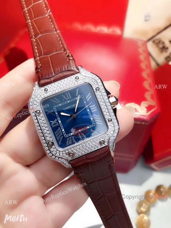 Cartier Santos 100 Diamond Replica Watch SS Diamond Case Blue Leather Strap Cartier Santos 100 Diamond Replica Watch SS Diamond Case Blue Leather Strap