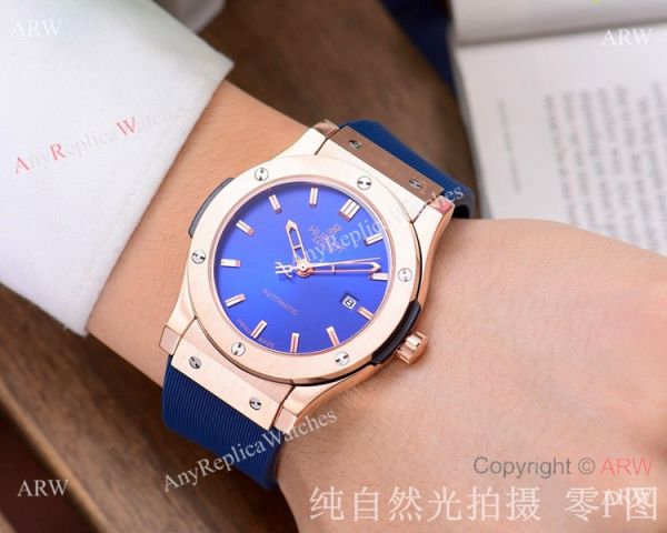 Copy Hublot Classic Fusion 42mm Watch Blue Face Rose Gold Copy Hublot Classic Fusion 42mm Watch Blue Face Rose Gold