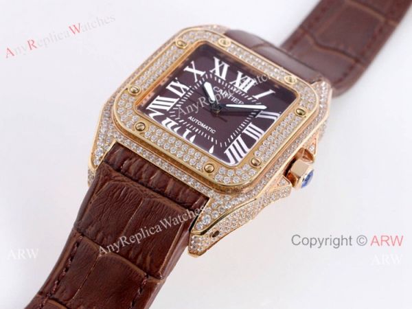High Quality Cartier Santos De Diamond Case Brown Dial Wrist Automatic High Quality Cartier Santos De Diamond Case Brown Dial Wrist Automatic