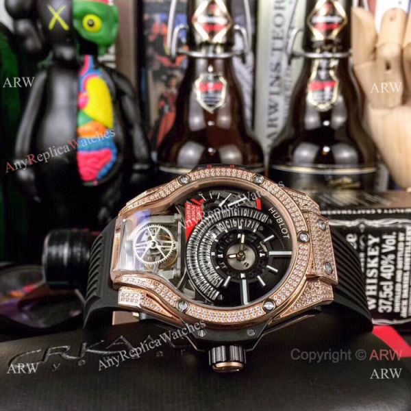 Swiss Quality Hublot Tourbillon Skeleton MP-09 Bi-Axis Watch Rose Gold Diamonds Swiss Quality Hublot Tourbillon Skeleton MP-09 Bi-Axis Watch Rose Gold Diamonds