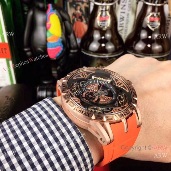 Copy Roger Dubuis Excalibur Quatuor Men Watches Red Rubber Strap Rose Gold Case Copy Roger Dubuis Excalibur Quatuor Men Watches Red Rubber Strap Rose Gold Case