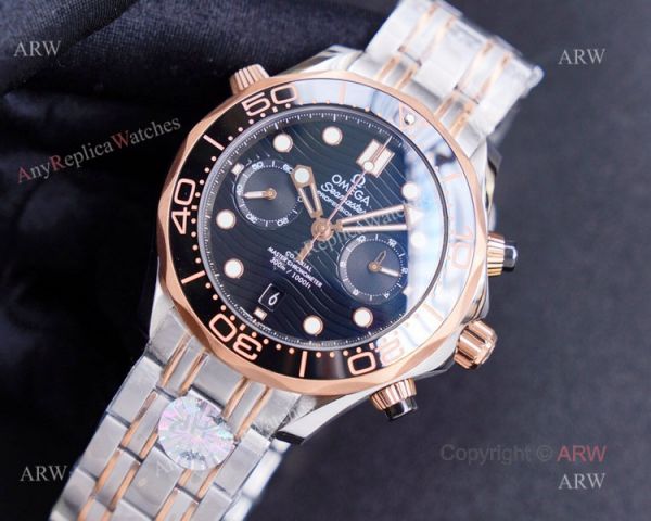 (TW)Swiss Copy Omega Seamaster 300m Two Tone Chronograph Watch with Black Wave Dial (TW)Swiss Copy Omega Seamaster 300m Two Tone Chronograph Watch with Black Wave Dial