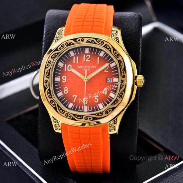 Clone Patek Philippe Aquanaut Engraving Watches Gold and Brown Rubber Strap Clone Patek Philippe Aquanaut Engraving Watches Gold and Brown Rubber Strap
