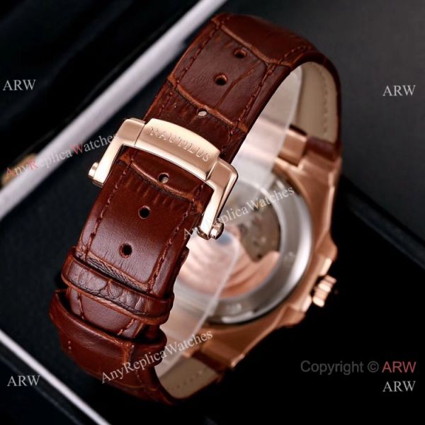 Best Copy Patek Philippe Nautilus 40mm Watches Rose Gold Brown Leather Band Best Copy Patek Philippe Nautilus 40mm Watches Rose Gold Brown Leather Band