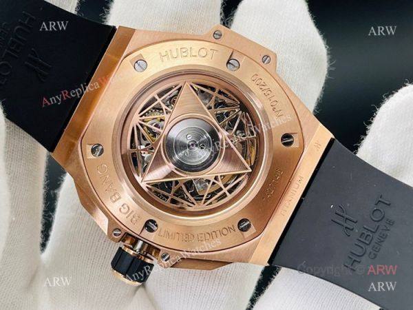 Replica Rose Gold Hublot Big Bang Sang Bleu 45 Watch Asia 7750 With Black Rubber Band Replica Rose Gold Hublot Big Bang Sang Bleu 45 Watch Asia 7750 With Black Rubber Band