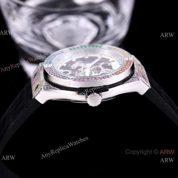 Replica Skeleton Hublot Rainbow Watch Rose Gold 45mm With Brown Leather Strap Replica Skeleton Hublot Rainbow Watch Rose Gold 45mm With Brown Leather Strap