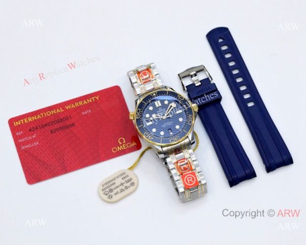 2021 Latest Swiss Omega Seamaster Diver 300M OR Factory 8800 Watch Two Tone Blue Ceramic Bezel 2021 Latest Swiss Omega Seamaster Diver 300M OR Factory 8800 Watch Two Tone Blue Ceramic Bezel
